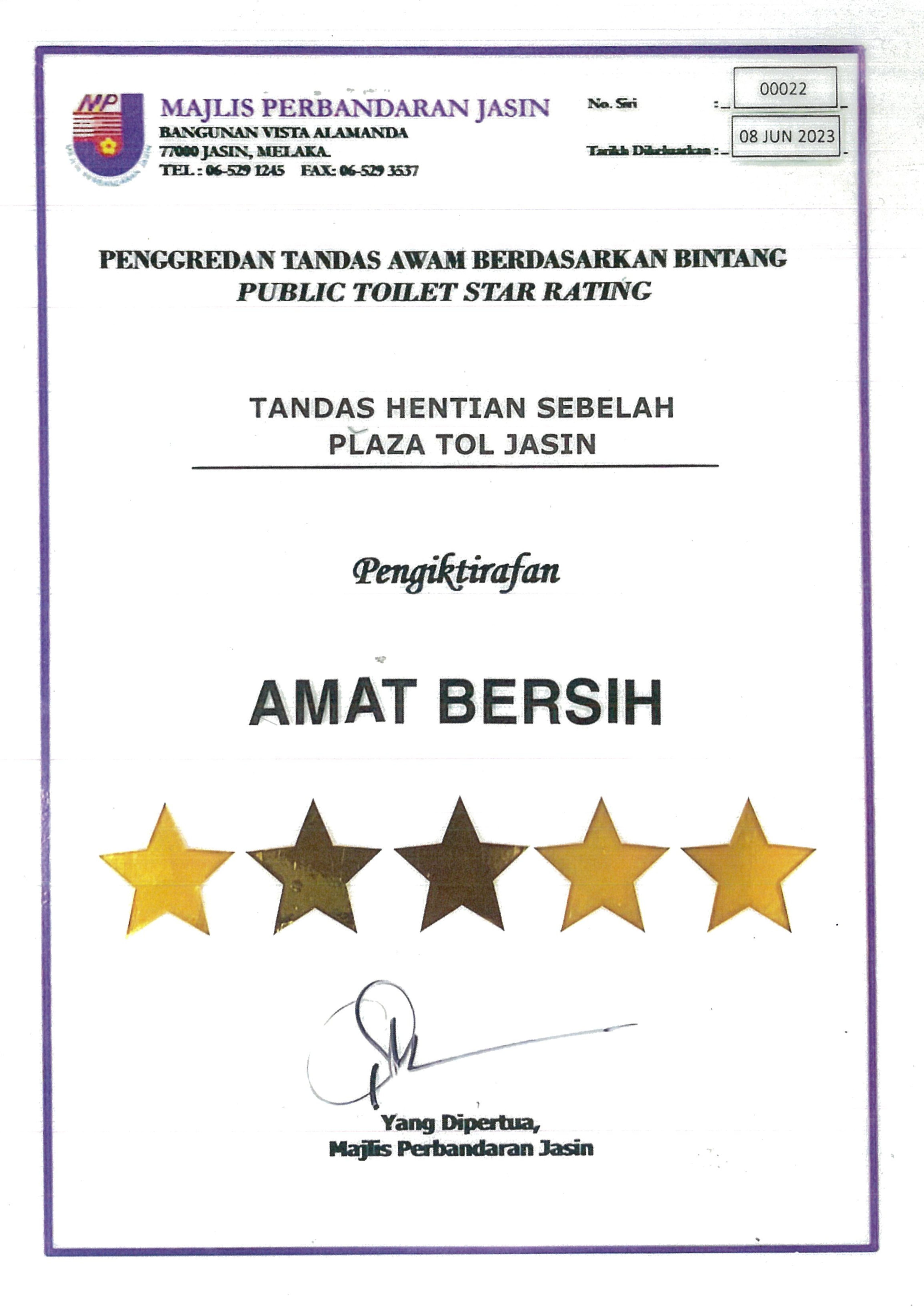 Public Toilet Star Rating - Tol Plaza Jasin