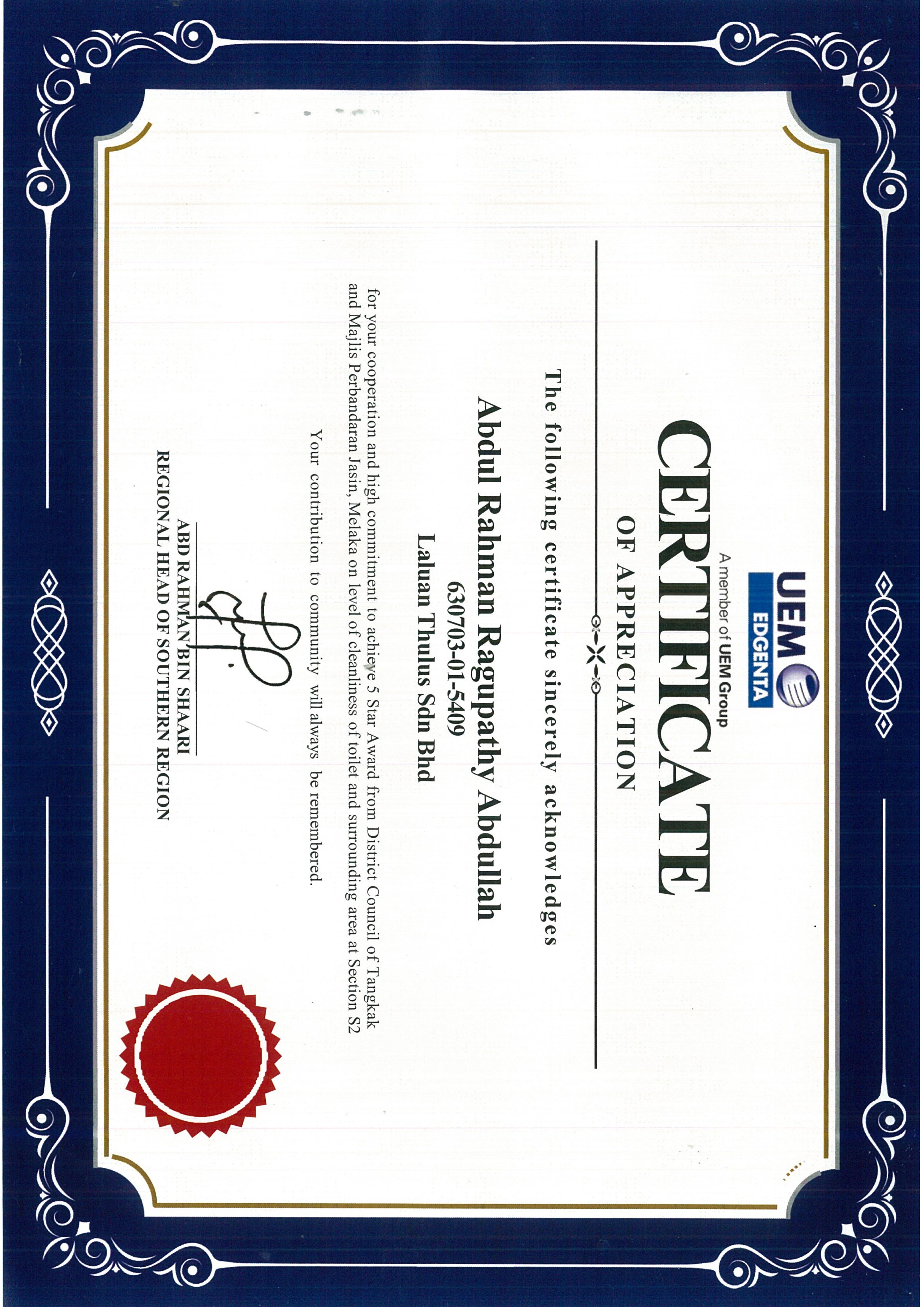 UEM EDGENTA - Certificate of Appreciation